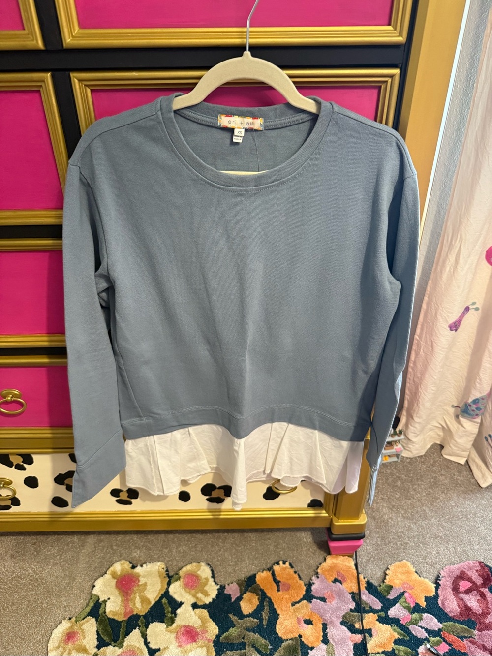Anthropologie Blue Layered Hem Sweatshirt with White Ruffle